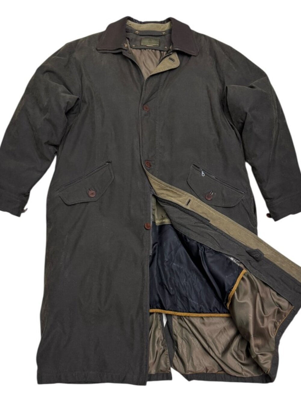 RAINFOREST Leather Trim Vintage Luxury Designer Long Trench Coat Mens Large